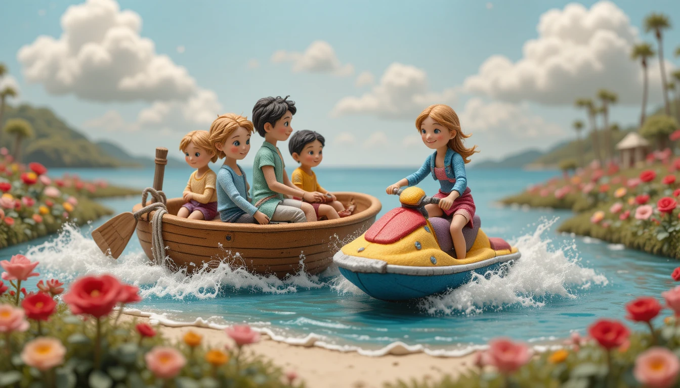 Whimsical felted family on a boat at the beach