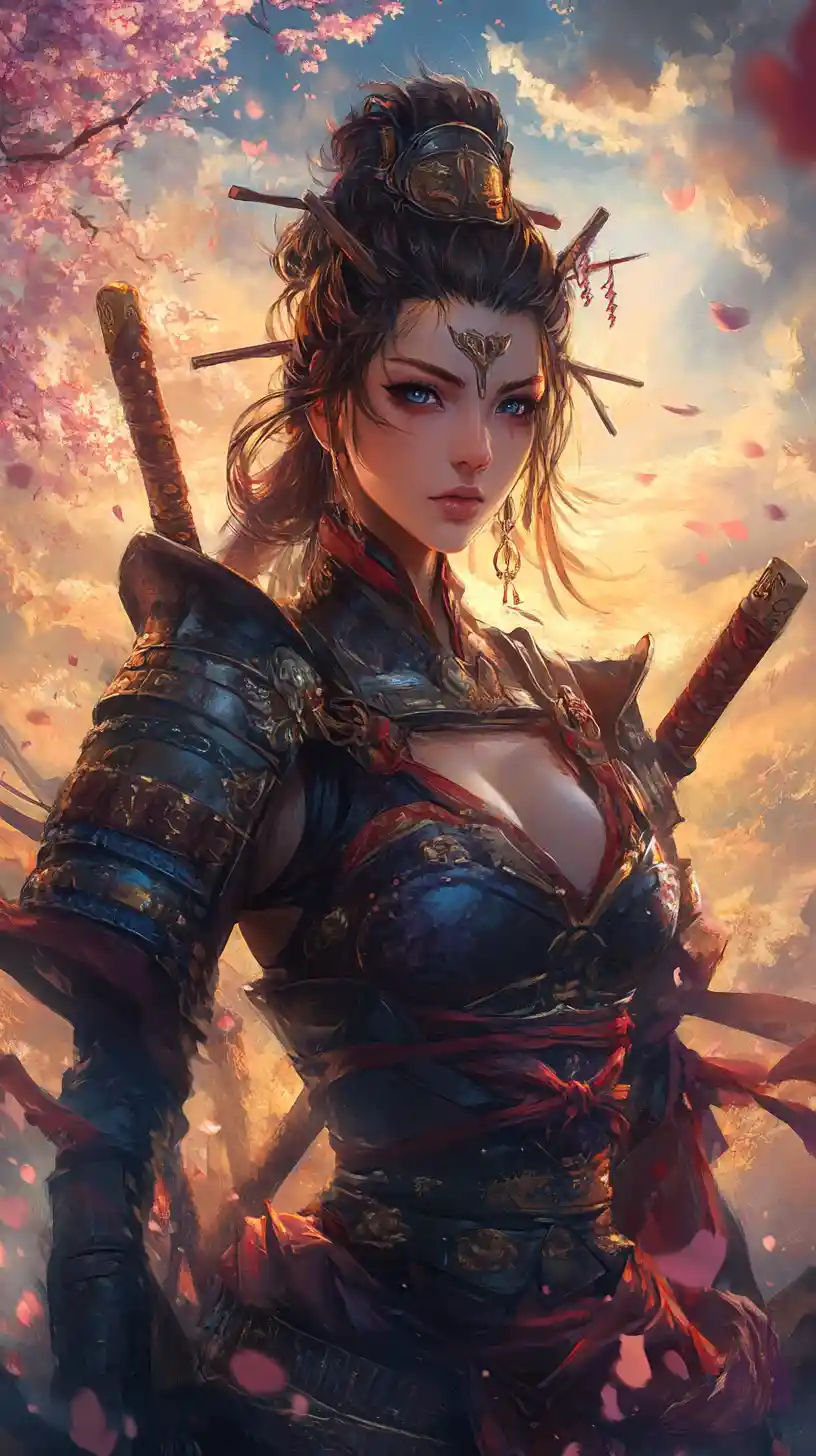 Dea oni in armatura da samurai tra fiori di ciliegio rosa
