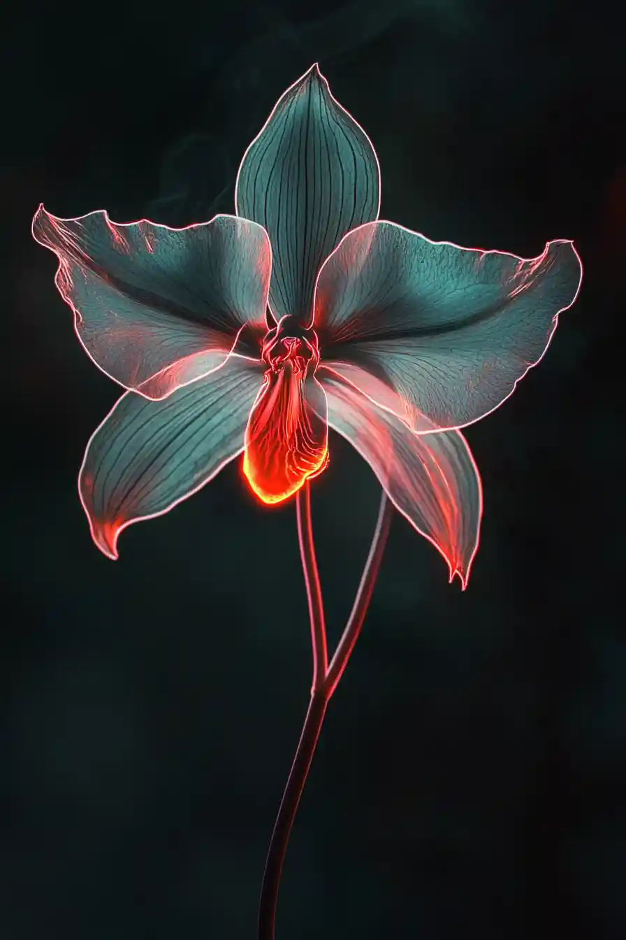Geisterorchidee mit roter biolumineszenter Konturbeleuchtung