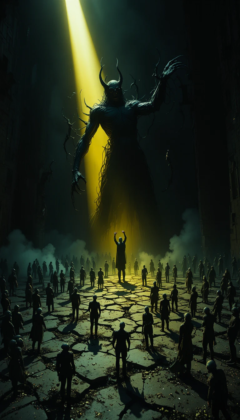 Demonic figure rising from fractured shadows in diagonal motion