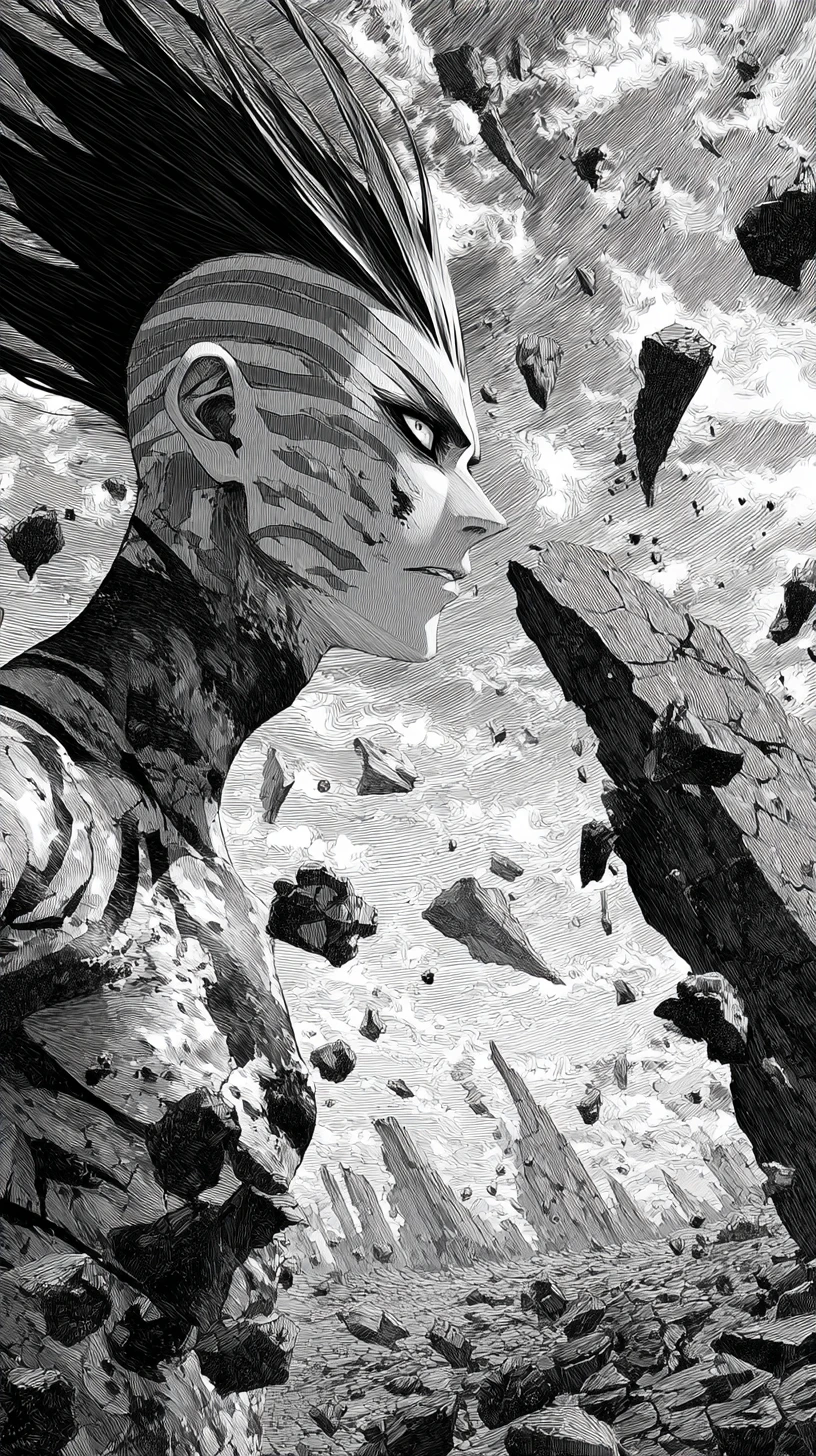 Monochrome anime warrior in ruined post apocalyptic landscape