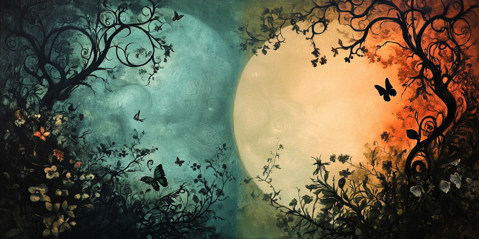 Mystical butterfly in a swirling yin yang fantasy landscape