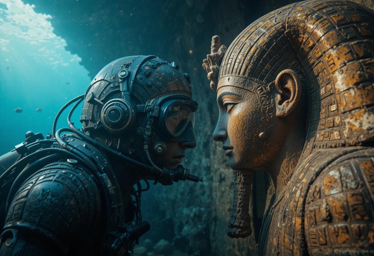 Diver Facing Ancient Egyptian Sarcophagus On Ocean Floor