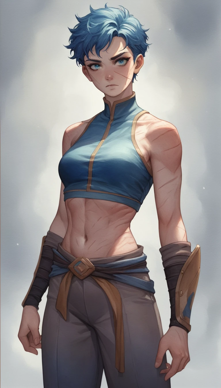 Anime ninja heroine with blue eyes and battle scars