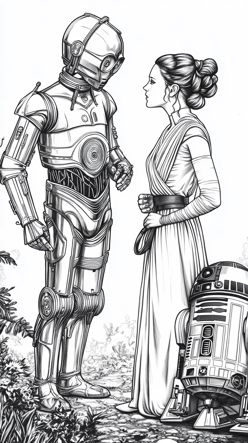 Black and white line art of Leia with her rebel companions