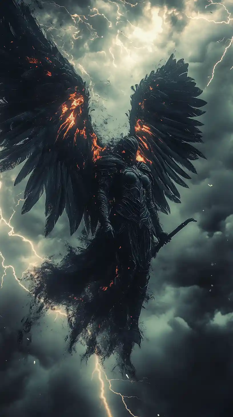 Dark valkyrie descends from storm clouds with blazing armor