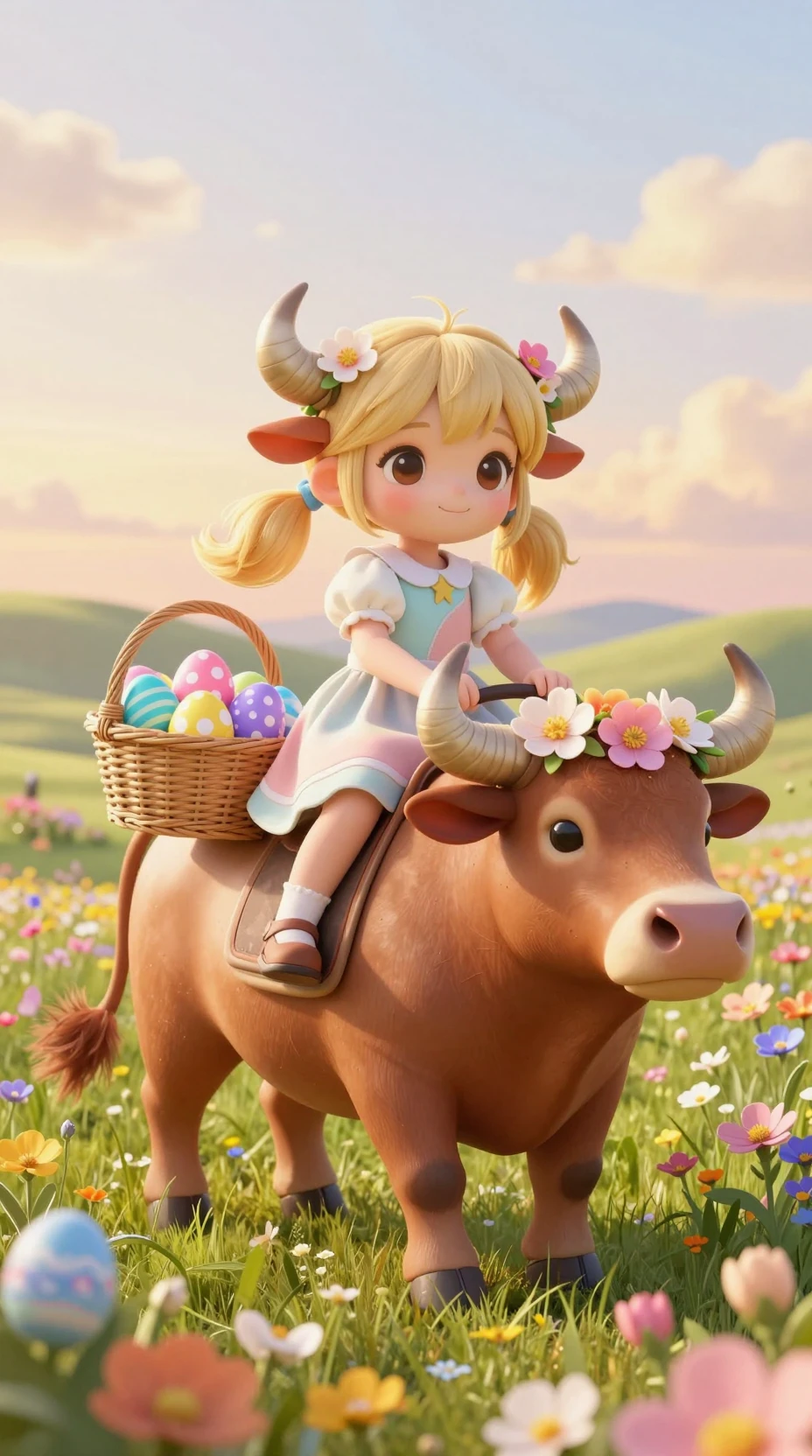 Cute girl riding a flower adorned bull at golden hour