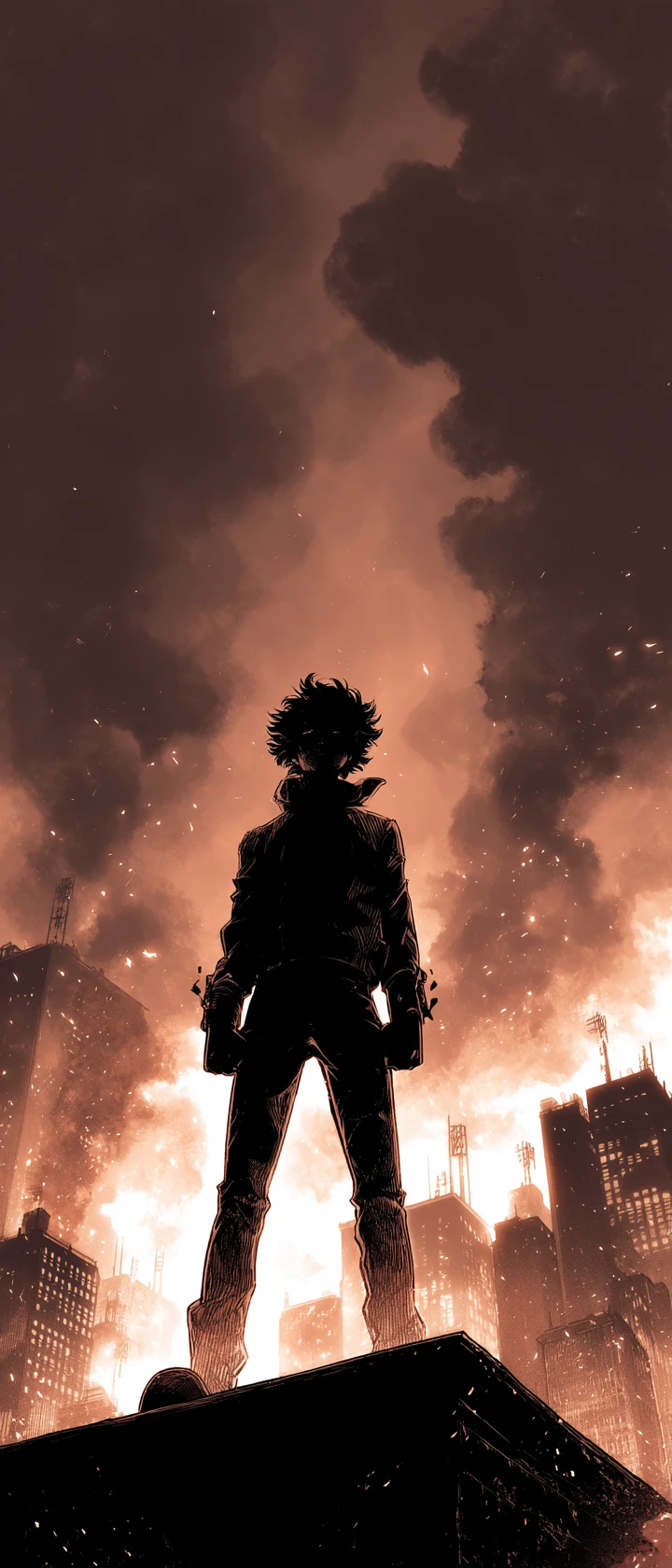 Defiant anime rebel leader on rooftop above burning city