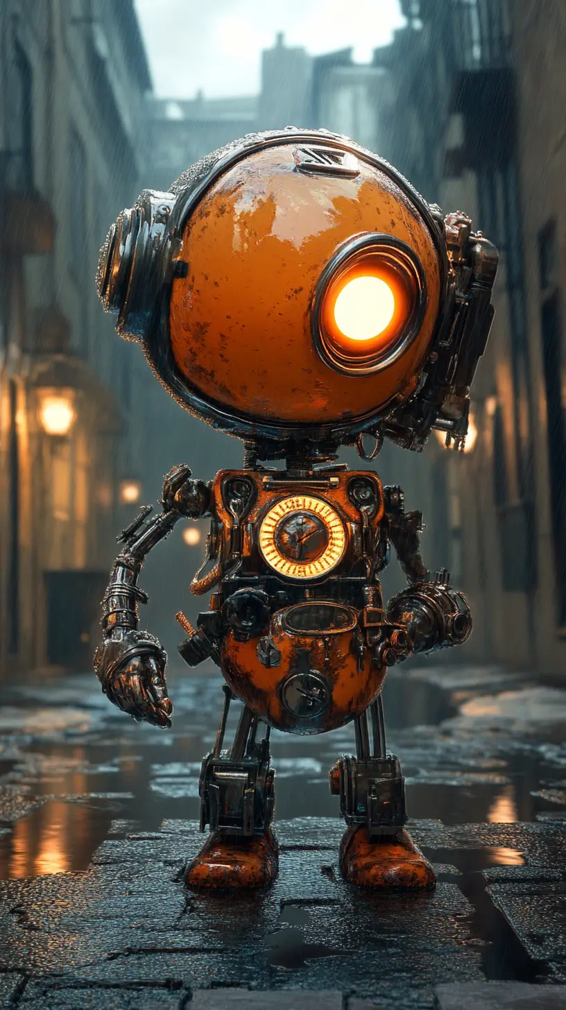 Melancholic steampunk childlike automaton walking through wet alley