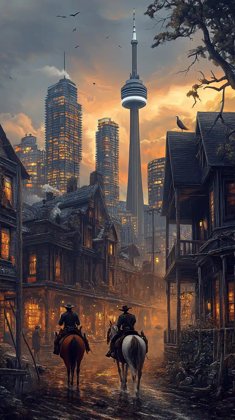 Skyline oscuro di Toronto in stile western davanti a una città di frontiera in rovina