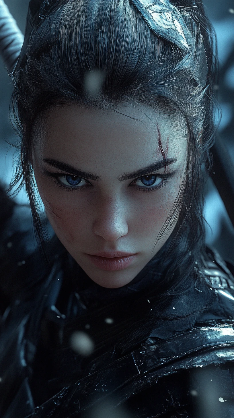 Defiant ninja heroine with piercing blue eyes and scars