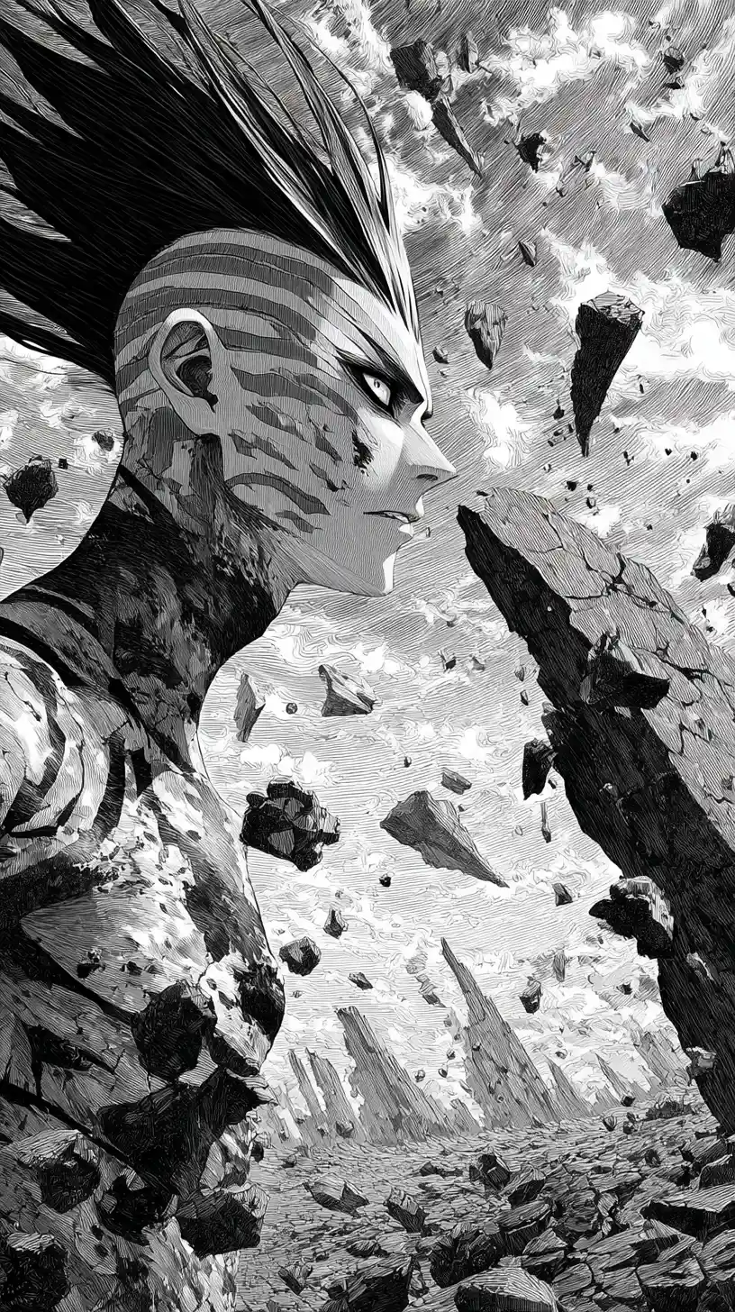 Monochrome anime warrior in ruined post apocalyptic landscape