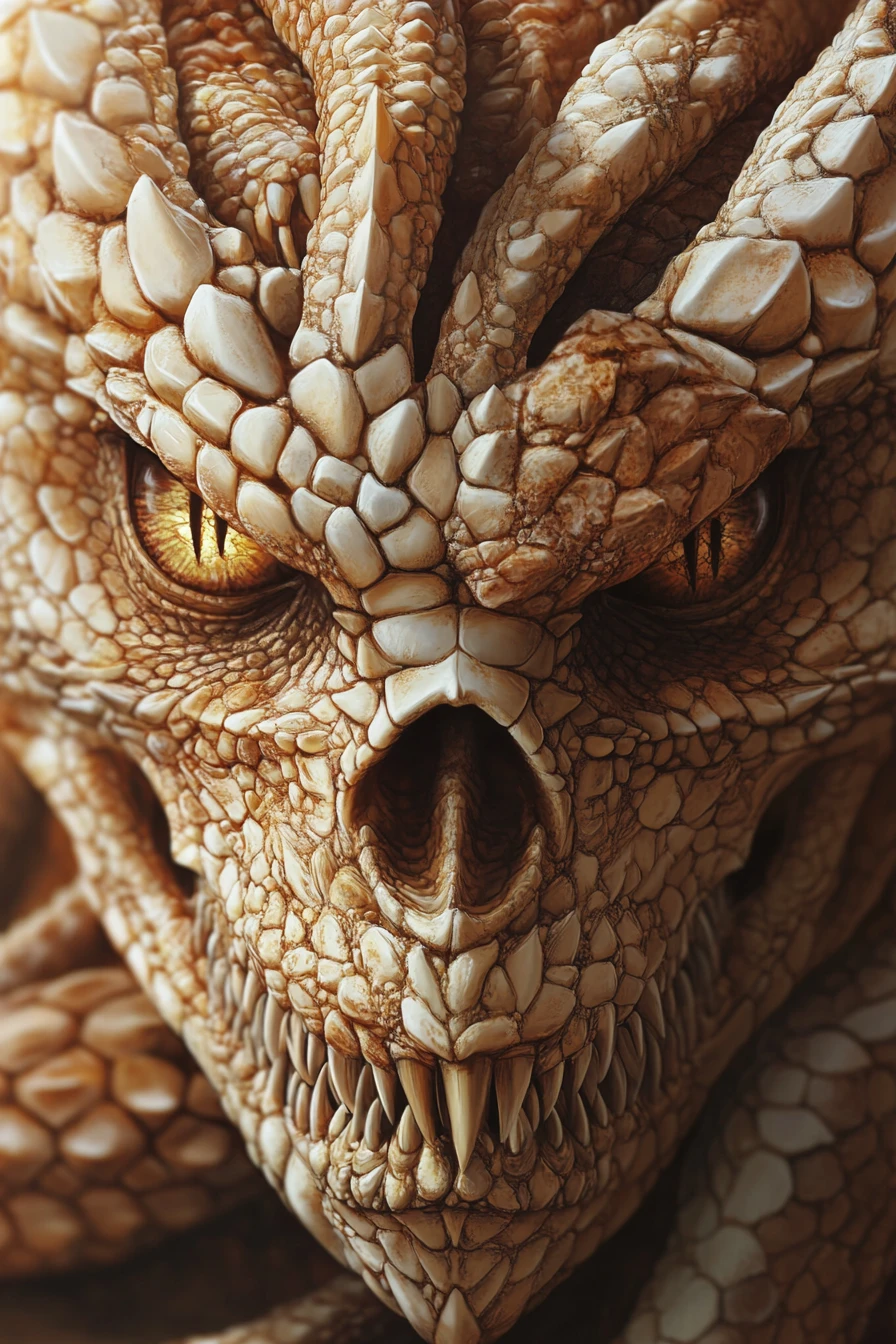 Symmetrical dragons forming an eerie skull illusion in earth tones