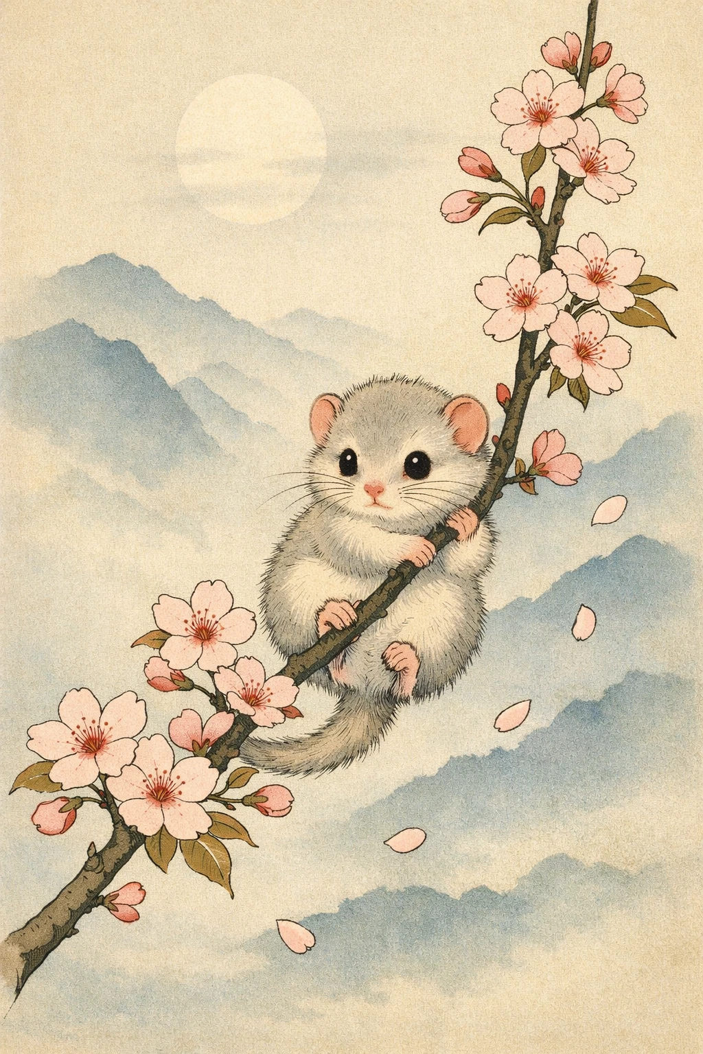 Ukiyo e style baby dormouse resting among cherry blossoms