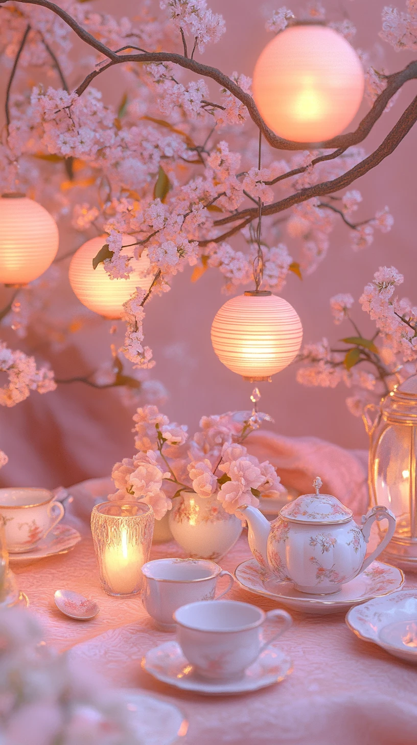 Rêveuse fête du thé dans un jardin fantastique sous les cerisiers en fleurs