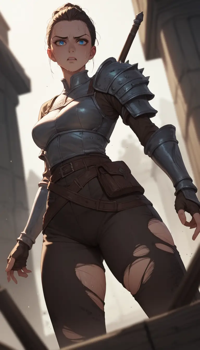 Anime warrior princess collapsed on a dim stage