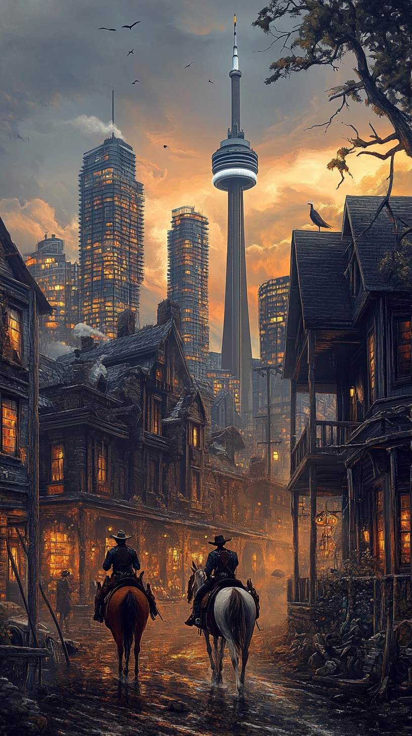 Dark western style Toronto cityscape before ruined frontier town
