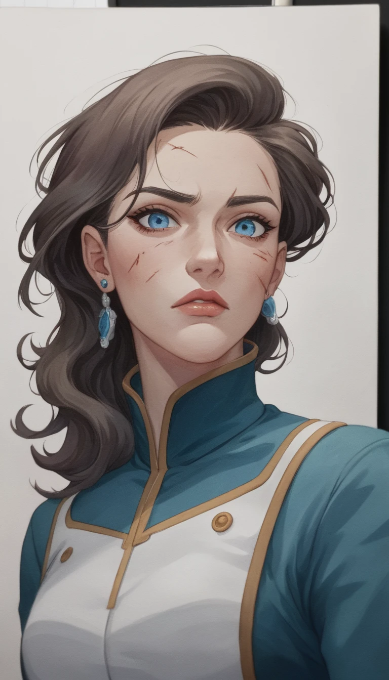 Defiant ninja heroine with fierce blue eyes in dramatic light