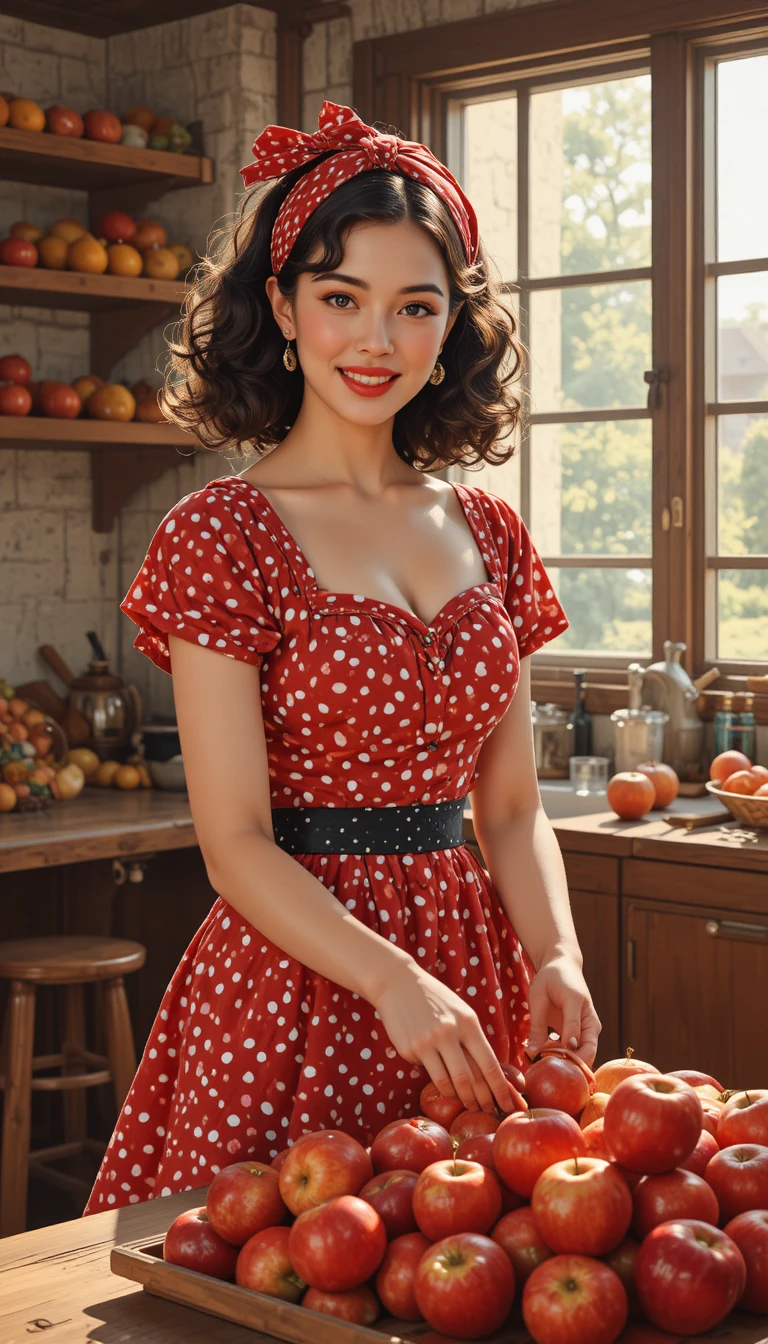 Smiling pin up woman sorting apples in a sunny kitchen