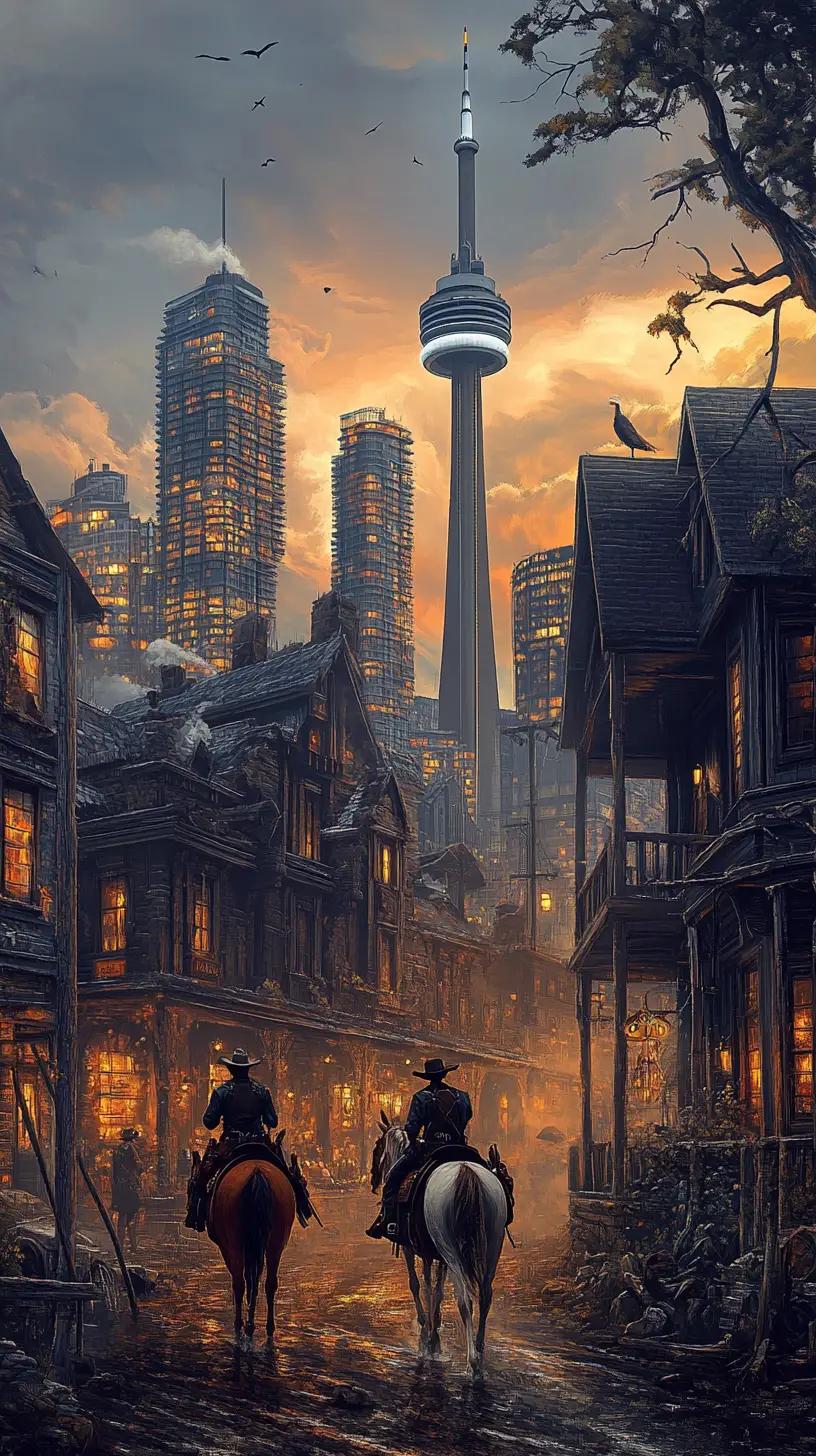 Skyline oscuro di Toronto in stile western davanti a una città di frontiera in rovina