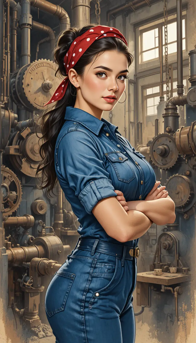 Determined factory woman flexing her arm in watercolor art