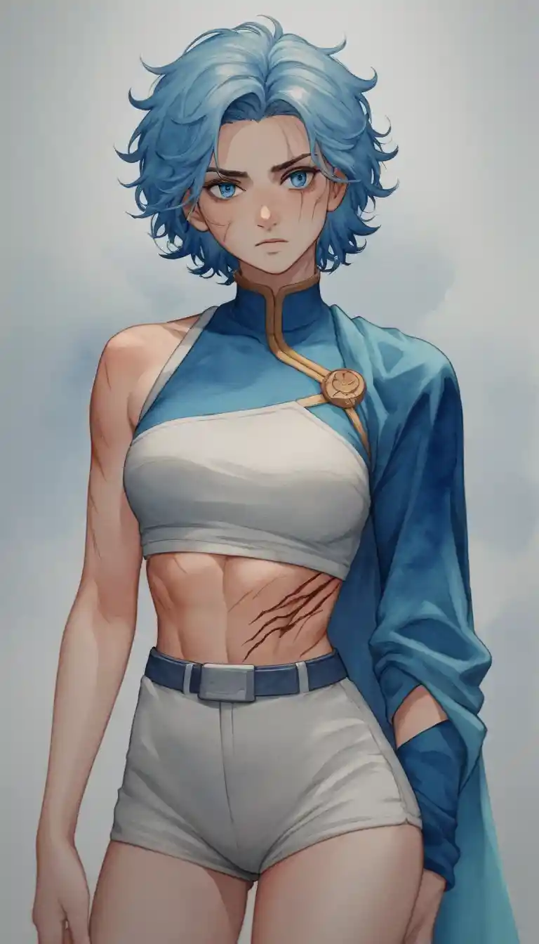 Heroína ninja de anime determinada diante de um cenário dramático