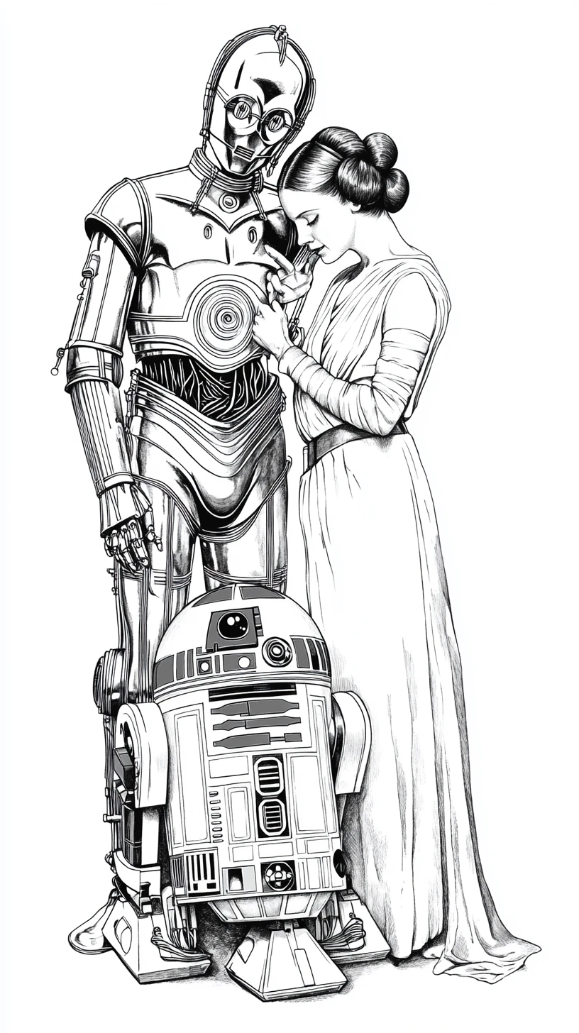 Black and white line drawing of Leia and her allies