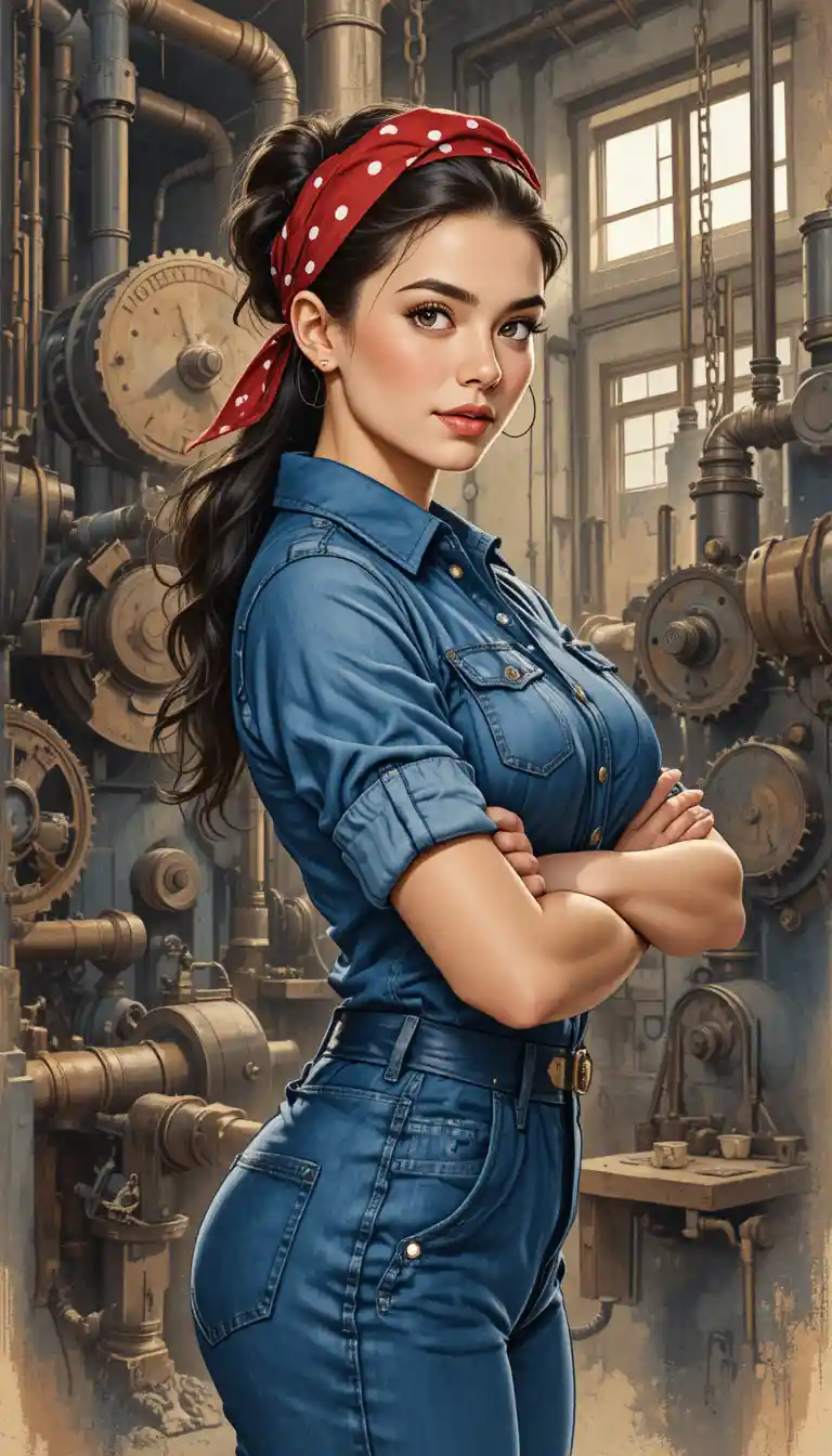 Determined factory woman flexing her arm in watercolor art