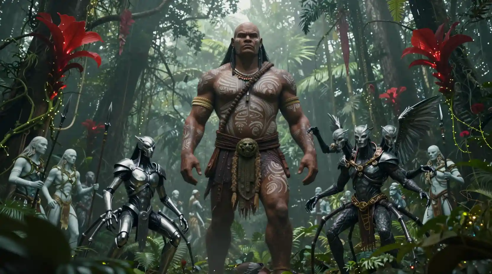 Giant tribal warrior in a misty Amazon rainforest clearing