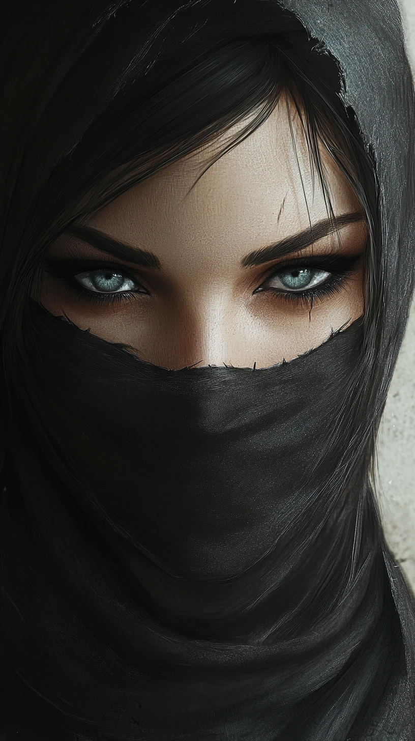 Farouche héroïne ninja aux yeux bleus dans des ombres dramatiques