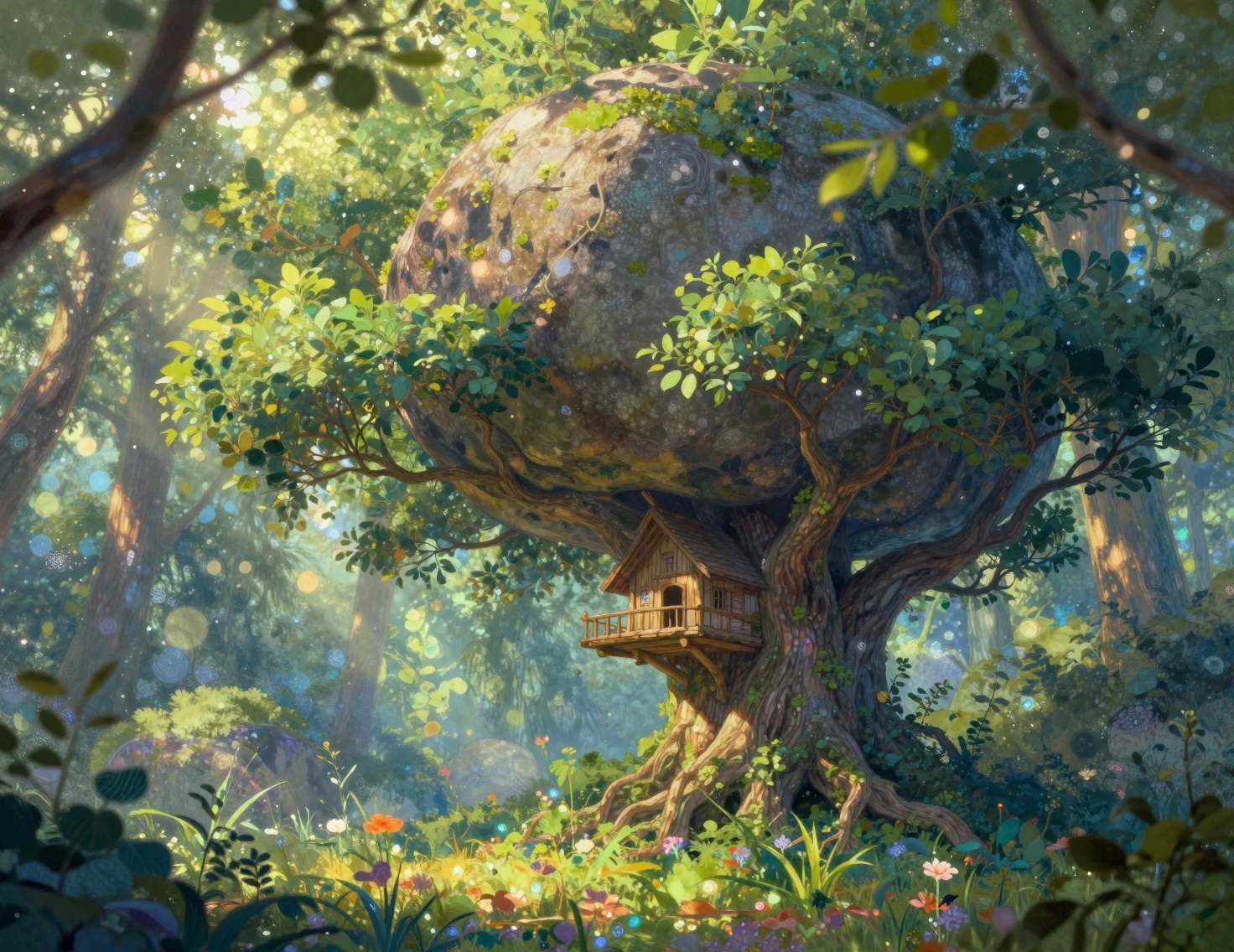 Whimsical treehouse beneath a boulder in forest meadow