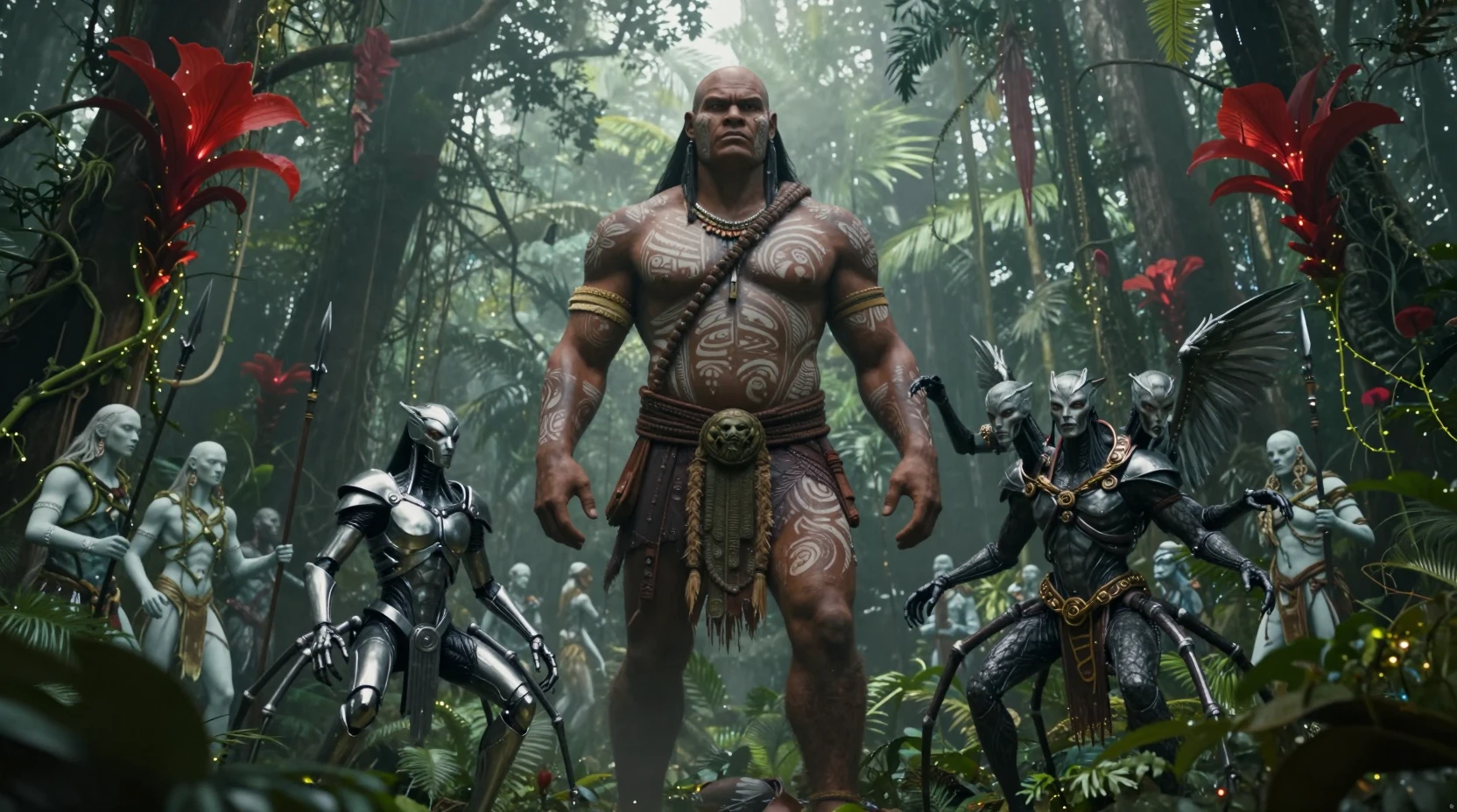 Giant tribal warrior in a misty Amazon rainforest clearing