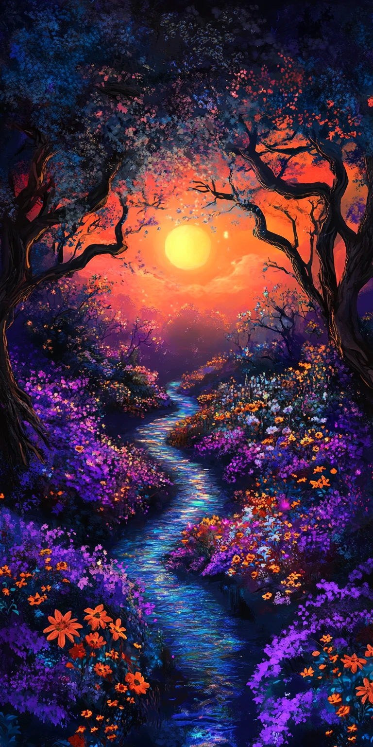 Enchanted Forest Of Glowing Wildflowers And Luminous River