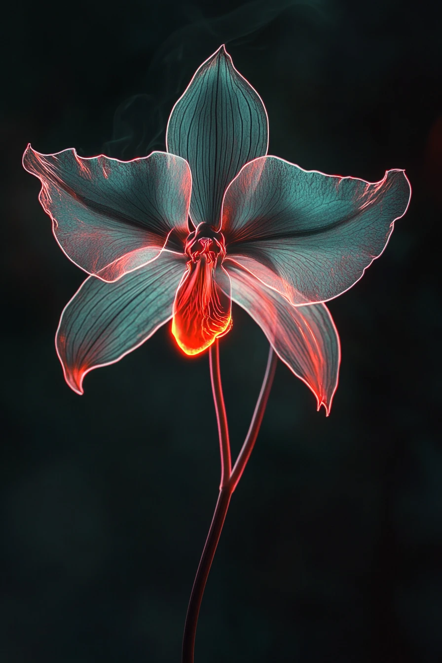 Ghost orchid glowing with red bioluminescent rim light