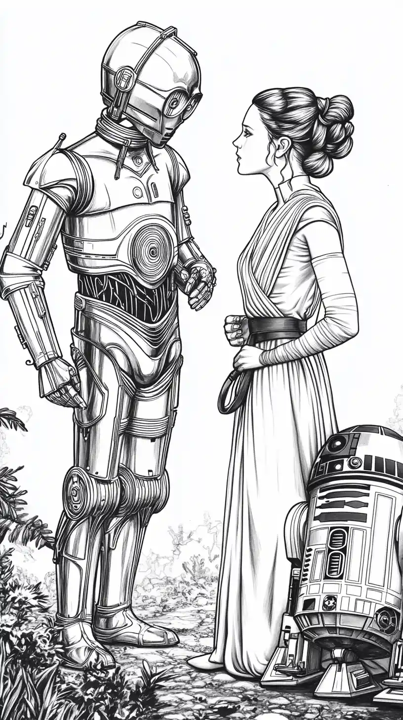 Black and white line art of Leia with her rebel companions