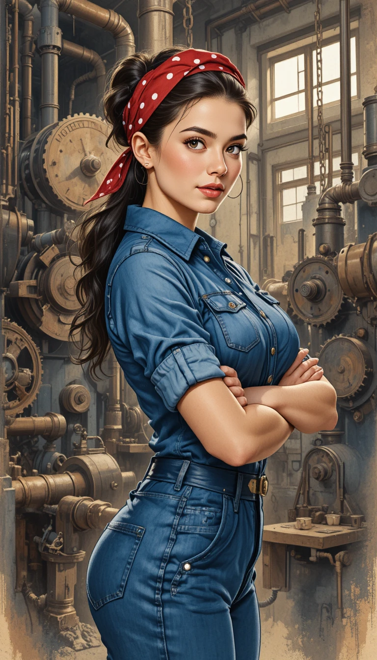 Determined factory woman flexing her arm in watercolor art