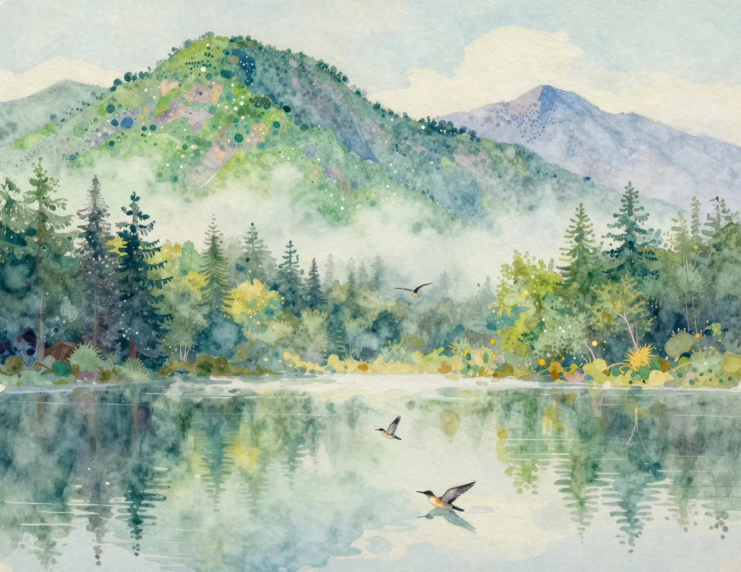 Pointillist mountain peaks reflecting softly over a misty lake