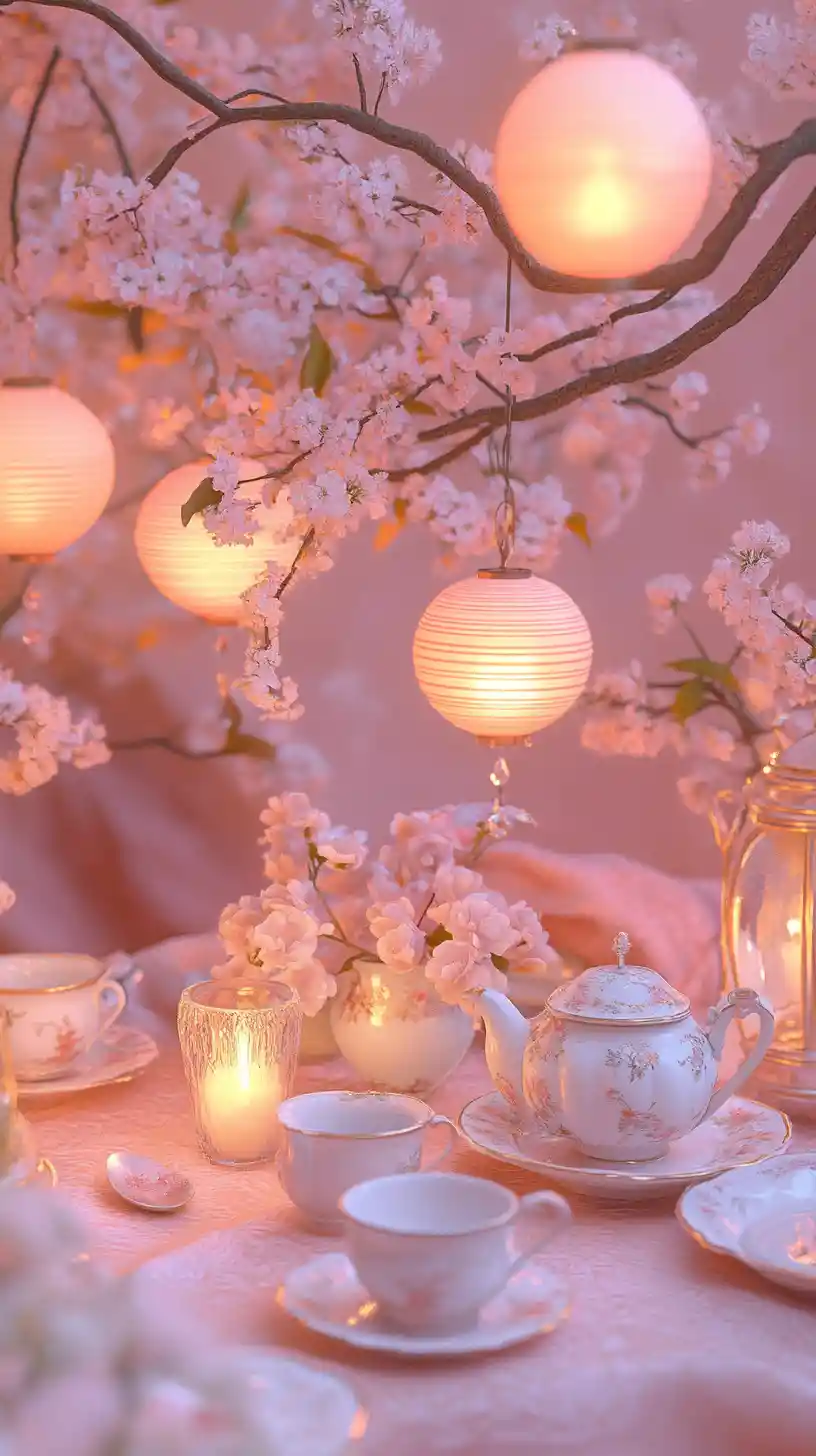 Träumische Fantasy-Garten-Teeparty unter Kirschblüten
