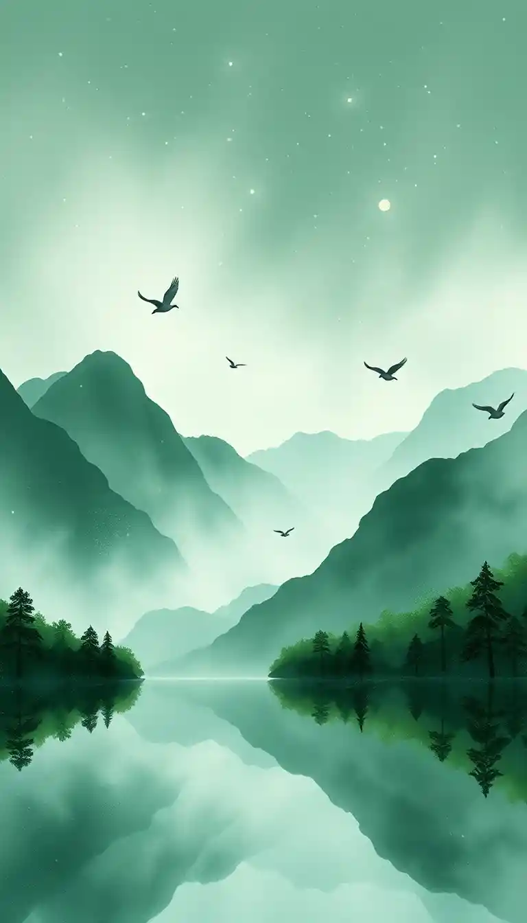 Lago di montagna avvolto nella nebbia riflesso in delicati punti puntinisti