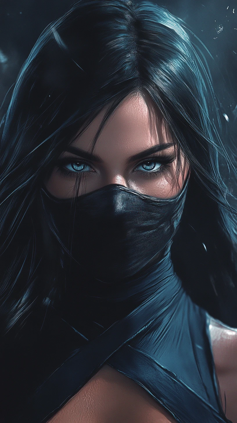 Defiant ninja heroine with scars and burning blue eyes