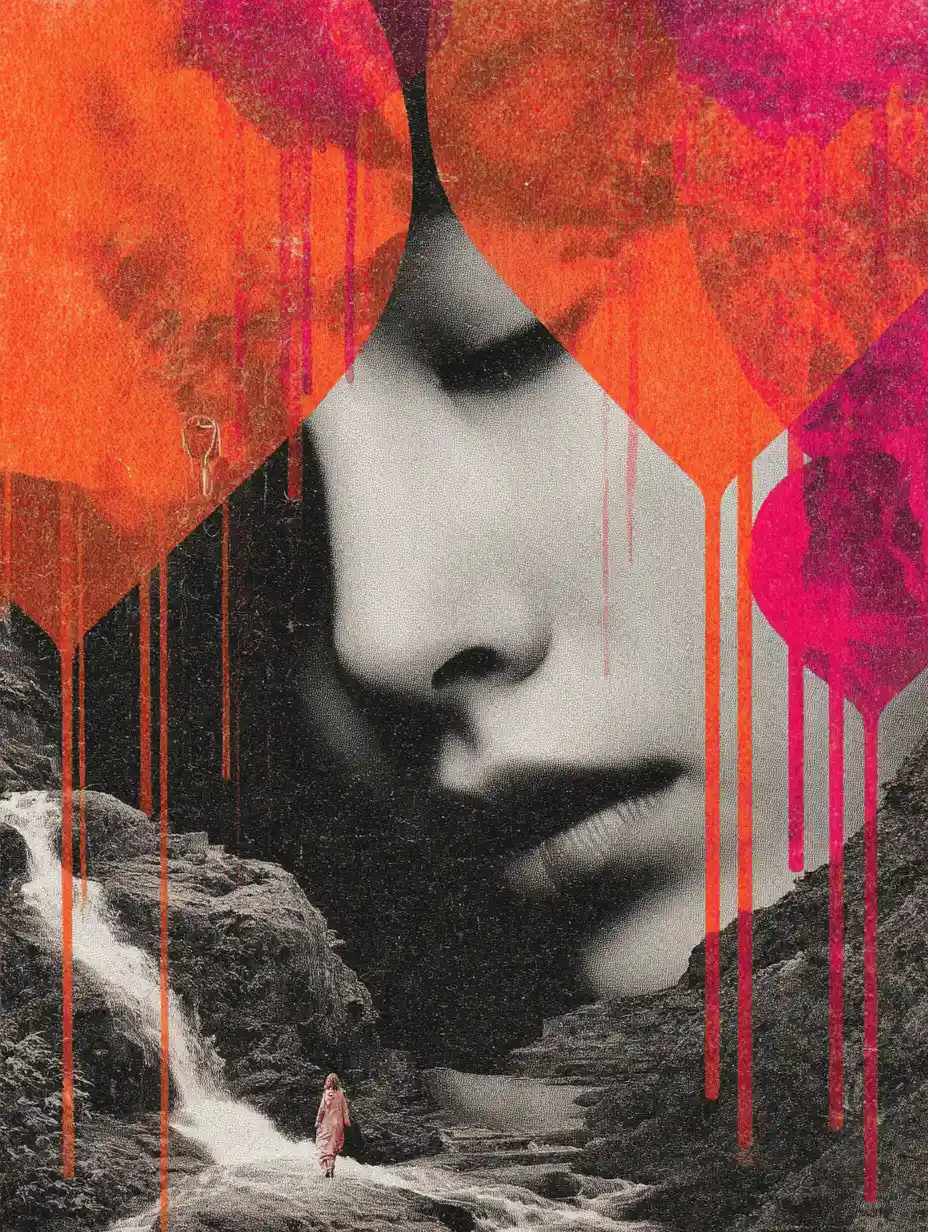 Surreal heartscape landscape in vivid warm risograph colors
