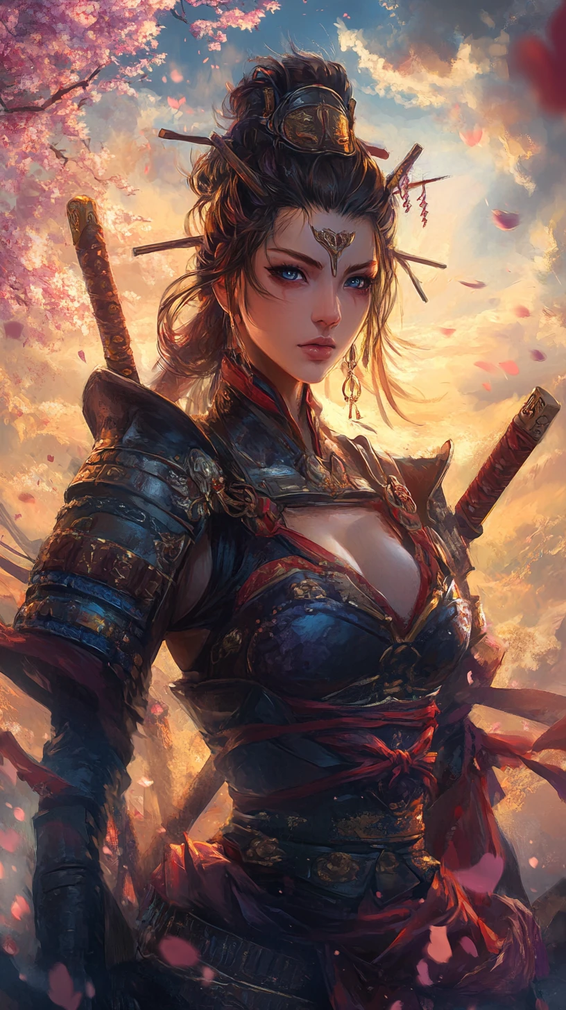 Oni goddess in samurai armor amid pink cherry blossoms