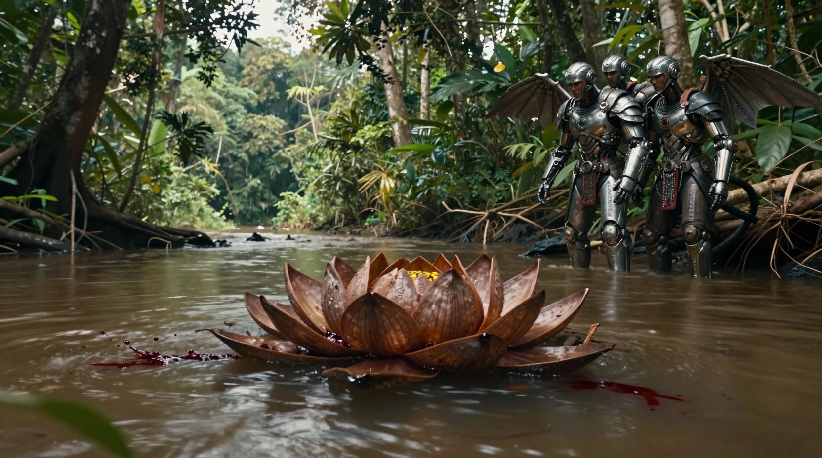 Armored warriors watch a monstrous flower on jungle river
