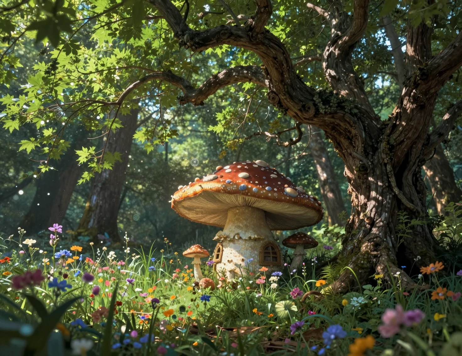 Whimsical Mushroom House Beneath Towering Flowers In Sunlit Meadow