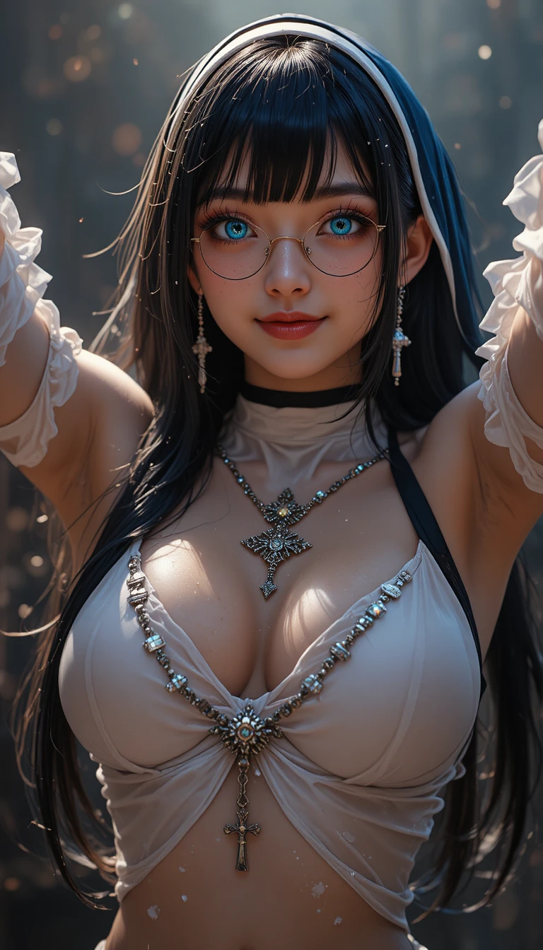 Anime nun portrait with glasses and dramatic god ray lighting