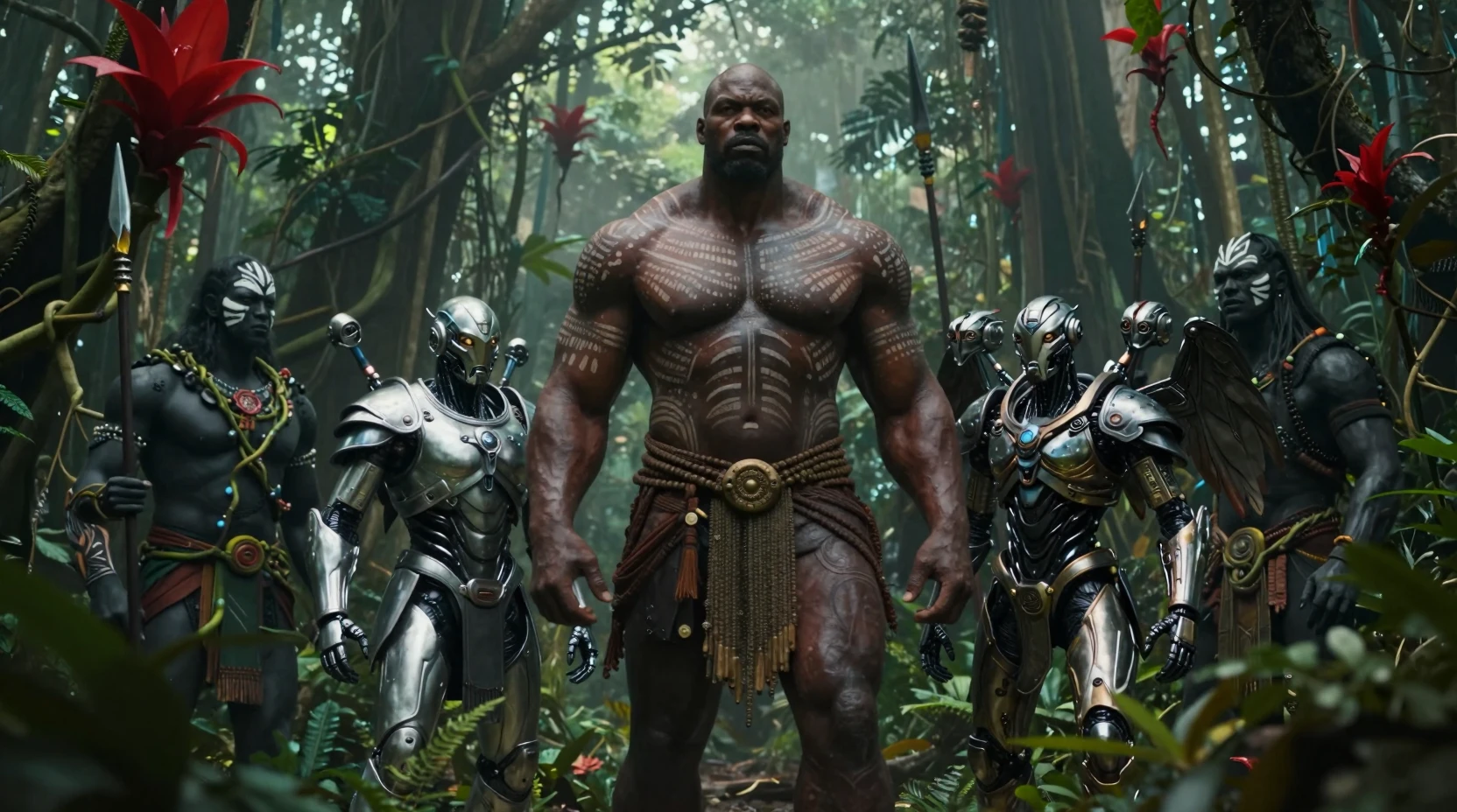 Giant tribal warrior framed by armored figures in rainforest