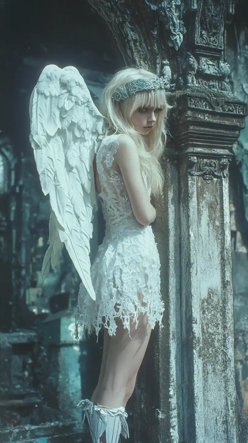 Surreal cyber angel woman in white lace mini dress