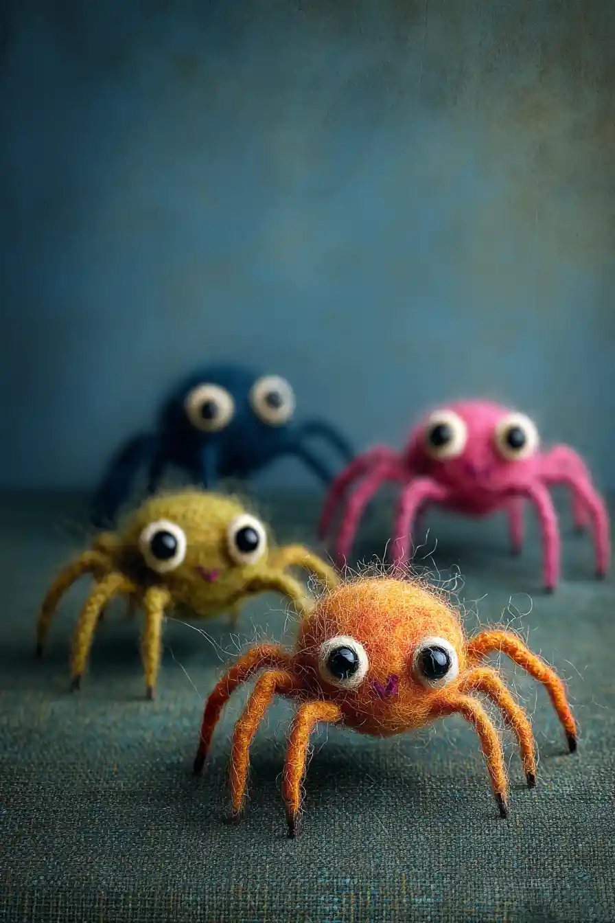Aranhas coloridas de feltro em uma sala de estar minimalista e misteriosa