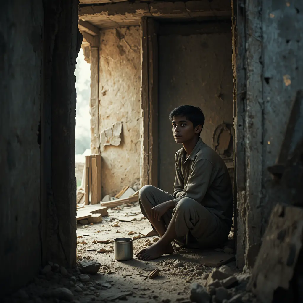 Sad Indian boy sitting alone in a broken dimly lit house