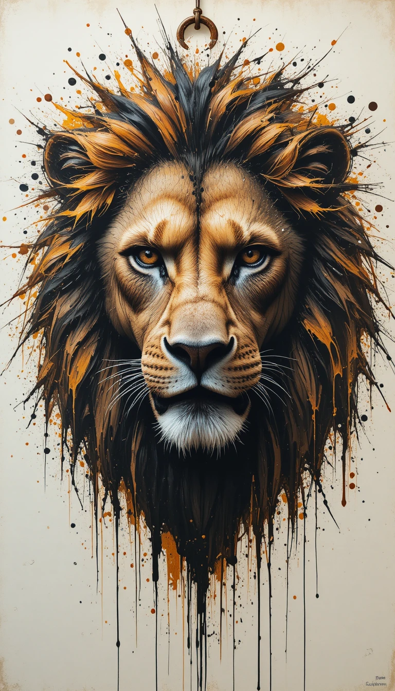 Abstract lion head emerging from violent paint strokes